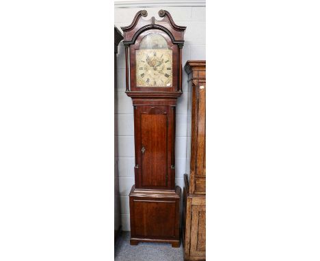 An oak and mahogany 30 hour longcase clock, early 19th century and later, later case, with 13" painted arch dial, arch decora