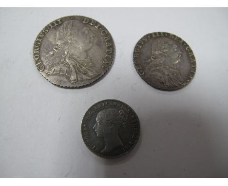 George III Shilling 1787, George III sixpence 1787, Queen Victoria four pence 1838 (good portrait). 
