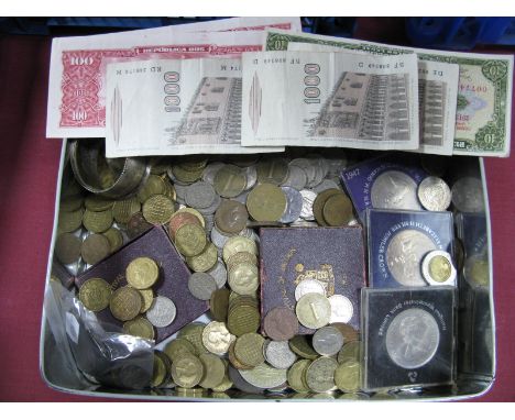 A Collection of G.B. and Overseas Base Metal Coins, including G.B. Pre-Decimal threepences, sixpences, commemorative crowns, 