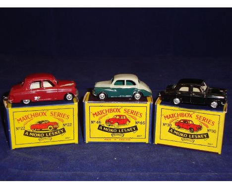 A group of three repainted Matchbox Original Series 1-75 comprising a No. 22 Vauxhall Cresta, a No. 30 Ford Prefect and a No.