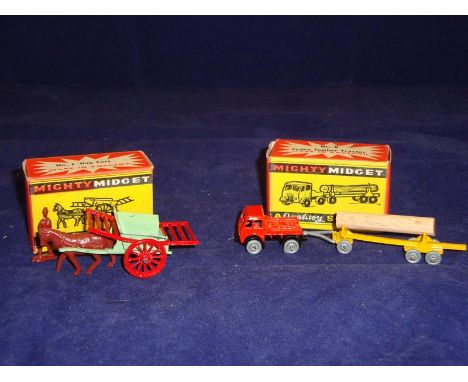 A pair of Benbros Mighty Midgets comprising a No 1 Horse Drawn Hay Cart and a No 8 Foden Tractor and Log Trailer. VG in G-VG 