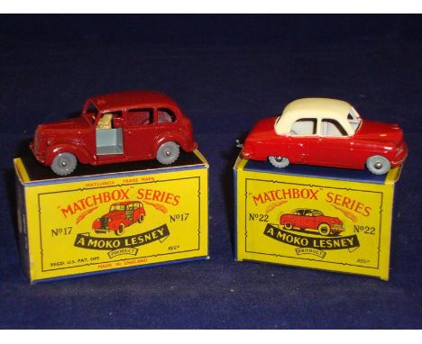 A pair of Matchbox Original Series 1-75 comprising a No.17 Austin FX3 Taxi together with a No. 22a Vauxhall Cresta (red/cream