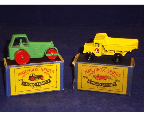 A pair of Matchbox original Series 1-75 comprising a No 1 Road Roller and a No 6 Quarry Truck- in Moko Lesney enlarged boxes.