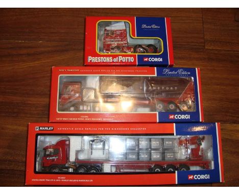 A group of Corgi 1:50 scale articulated lorries and a tractor unit comprising a CC12217 Marley Building Materials Limited, a 