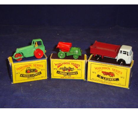 A group of boxed Matchbox original series 1-75 models: No 1 Road Roller, No 2 Muir Hill Site Dumper (driver missing) with gre