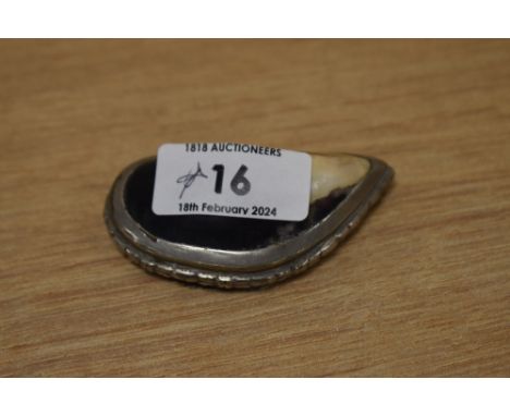 A 19th Century white metal engraved snuff box, in the form of a polished mussel shell, measuring 7cm long