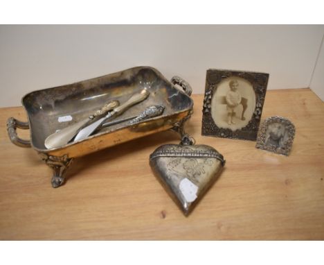 Two hallmarked silver handled button hooks and a shoe horn, sold with a selection of plated ware etc.