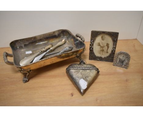 Two hallmarked silver handled button hooks and a shoe horn, sold with a selection of plated ware etc.