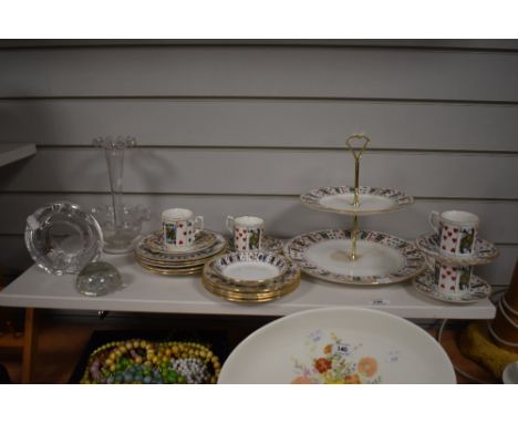 A vintage Queens 'Cut For Coffee' bone china collection of plates, cake stand and coffee cups and saucers, having playing car