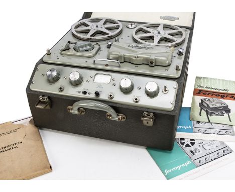 Ferrograph Reel to reel plus, a Ferrograph reel to reel recorder series 5, some wear on controls, with leads, instruction boo