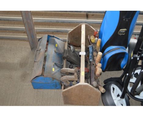 A wooden trug; and a tool box of various tools 