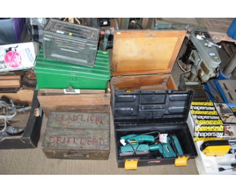 Six various boxes and tool boxes of various tools