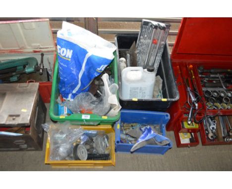 Four plastic tubs of various hand tools and fittings etc. 