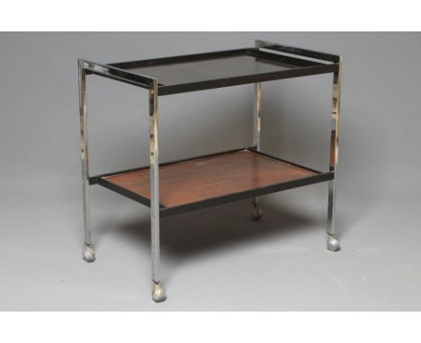 A HOWARD MILLER LIMITED METAL TEA TROLLEY of two tier oblong form, the chrome frame with black plastic coated shelf supports,