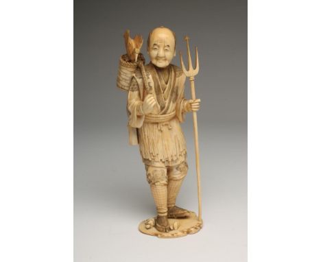 A JAPANESE SECTIONAL IVORY OKIMONO, Meiji Period, carved as a fisherman holding a trident in his left hand, a cormorant perch