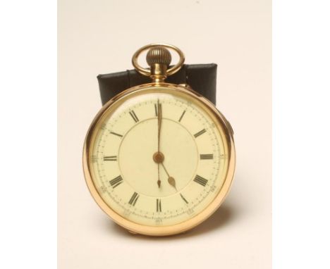 AN EDWARDIAN 18CT GOLD TOP WIND CHRONOGRAPH, Chester 1907, the white enamel dial with black Roman and Arabic numerals, the mo
