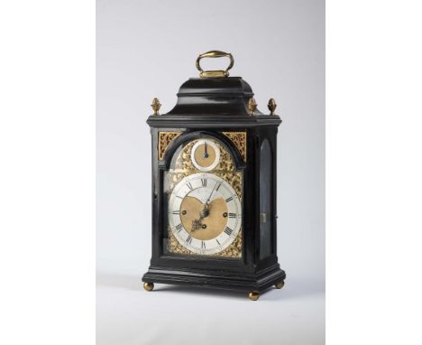 AN EBONISED STRIKING TABLE CLOCK by Robert Dovers, Bath, late 18th century, the three train fusee chiming movement with ancho