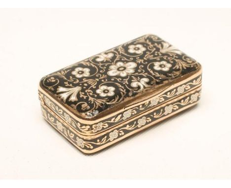 A REGENCY GOLD SNUFF BOX, unmarked, of plain rounded oblong form, all over enamelled with white flowers on a black ground, 1 