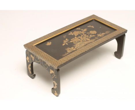A JAPANESE LACQUER TABLE STAND, c.1900, of plain oblong form, the central panel with flowering shrubs and insects amidst rock