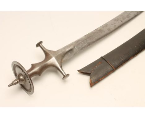 AN INDIAN TULWAR, 19th century, with 29 1/2" curved blade, steel hilt of typical form with shaped finial and petal design to 