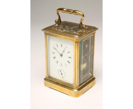 A BRASS CASED CARRIAGE CLOCK by Japy Freres et Cie, the twin barrel repeater movement with platform escapement striking on a 