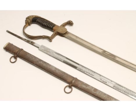A DUTCH INFANTRY OFFICER'S SWORD, with 34" curved blade inscribed "YZERHOUWER", brass hilt with lion quillon, scroll knuckle 