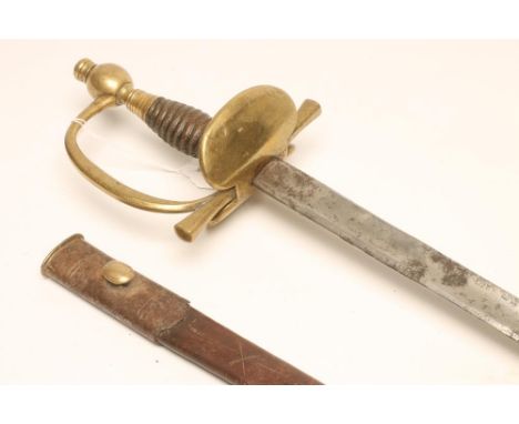 A GEORGIAN OFFICER'S SWORD, with 30" fullered blade, brass hilt with twin shell guard, cross guard and knuckle guard, ribbed 