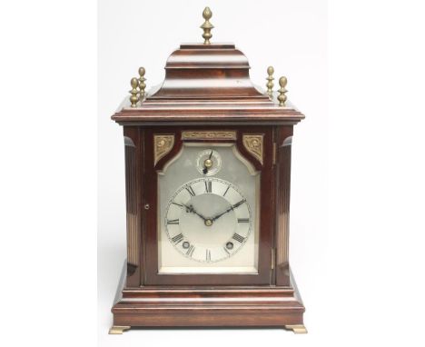 A GERMAN MAHOGANY CASED BRACKET CLOCK by Winterhalder & Hofmeier, the twin barrel Ting Tang movement striking on a gong, 5" a