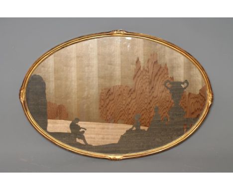 A ROWLEY GALLERY LONDON MARQUETRY PANEL "Music", of oval form, inscribed label verso, 19 1/2" x 29 1/2", gilt frame  (Est. pl