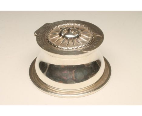 THE SUN INSURANCE COMPANY - a silver capstan inkwell, maker Thomas Bradbury & Sons, Sheffield 1938, of baluster form, the hin