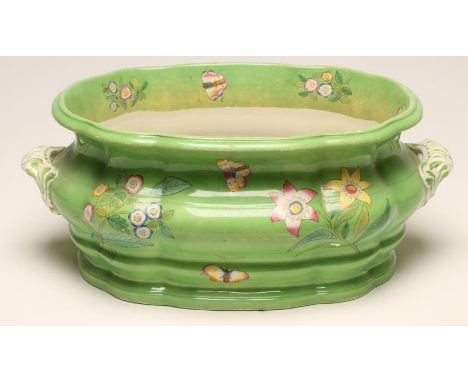 A VICTORIAN COPELAND LATE SPODE EARTHENWARE FOOTBATH, of two handled lobed rounded oblong form, on-glaze painted in polychrom