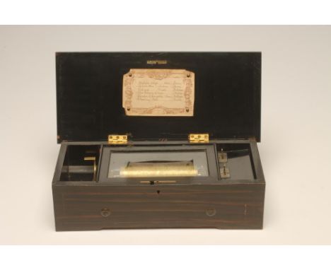 A SWISS MUSICAL BOX, 19th century, playing six airs as listed on the tune sheet, comb and 6 1/4" drum movement, in stained an