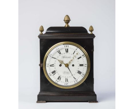 AN EBONISED BRACKET CLOCK by Edward Wicksteed, London, 18th century, the twin fusee movement with verge escapement striking o