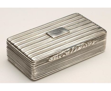 A WILLIAM IV SILVER SNUFF BOX, maker William Phillips, Birmingham 1834, of plain reeded oblong form with vacant panel to hing