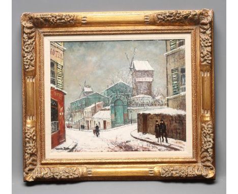 LOUIS DALI (1905-2001), French Street Scene with Figures in the Snow, oil on canvas, signed, 15 1/4" x 18", gilt frame (subje