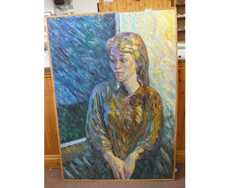 John Reay impressionist oil on board, half length portrait of a lady, signed lower right, 48" x 32"