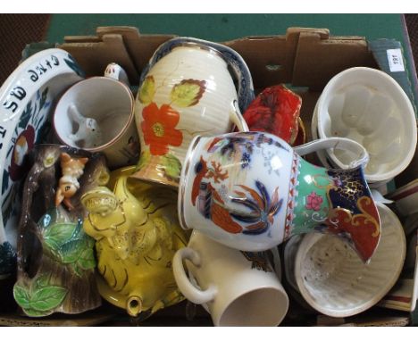 A Lingard crinoline lady teapot, jelly moulds plus other china