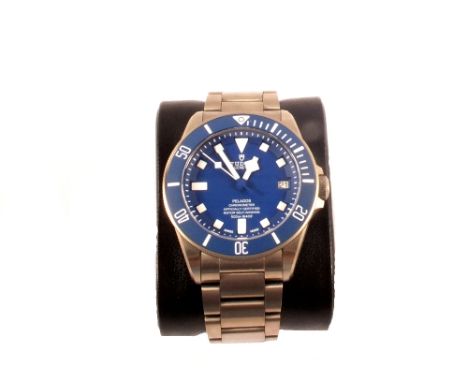 A gentlemans Titanium Tudor Pelagos blue chronometer on bracelet rated for dive depth of 500m, Model No. 25600 TB S/No.I51081