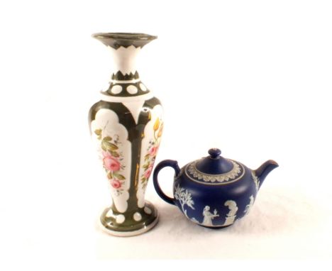 A 19th Century Paris porcelain floral vase plus a Wedgwood Jasperware teapot