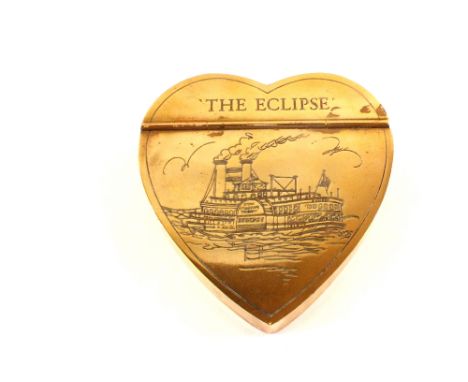 A brass heart shaped snuff box engraved with steam boat and titled 'The Eclipse'