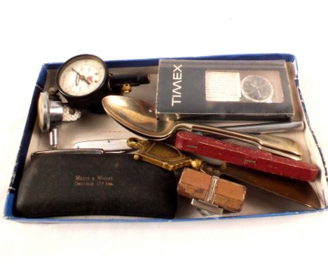 Small items to include gauges, cased pocket thermometer, micrometer etc