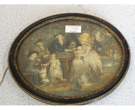 A pair of 19th Century oval coloured prints of outdoor social scenes, 8" x 9"