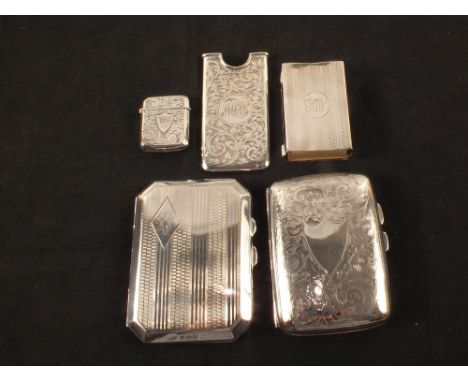 Two silver cigarette cases, one with tortoiseshell interior, a vesta, match holder plus a card case