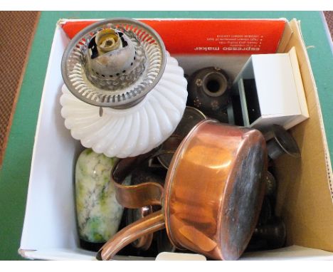 A milk glass oil lamp (converted), a copper kettle plus medal sundries etc