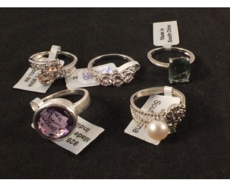 A group of five silver stone set rings including morganite, amethyst and pearl