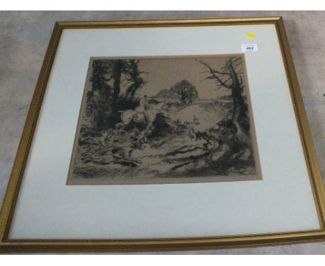 Frank Gillett (1877-1927) fox hunting scene etching, signed lower right, monogram G lower left, 11" x 14"