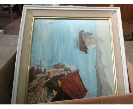 A box of mixed oils, watercolours and prints, an oil on board of a Korean scene signed plus an oil of Venice signed P.Johnson