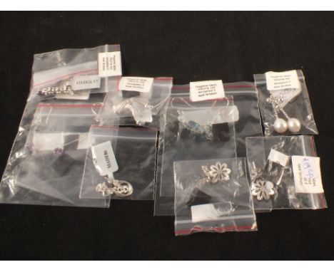 Seven pairs of drop silver earrings some set with stones including pearl, amethyst, topaz and aquamarine etc