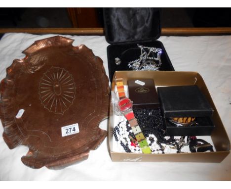 A box of assorted jewellery, and misc items including a copper tray &amp; collectable Swatch watch