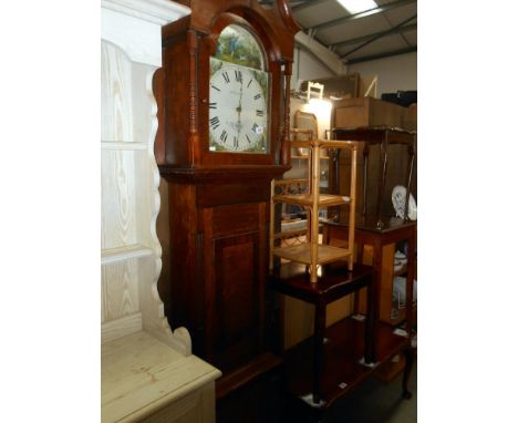 A Victorian oak cased 30 hour longcase Grandfather clock painted arch dial hunting scene W. Farnill Rotherham